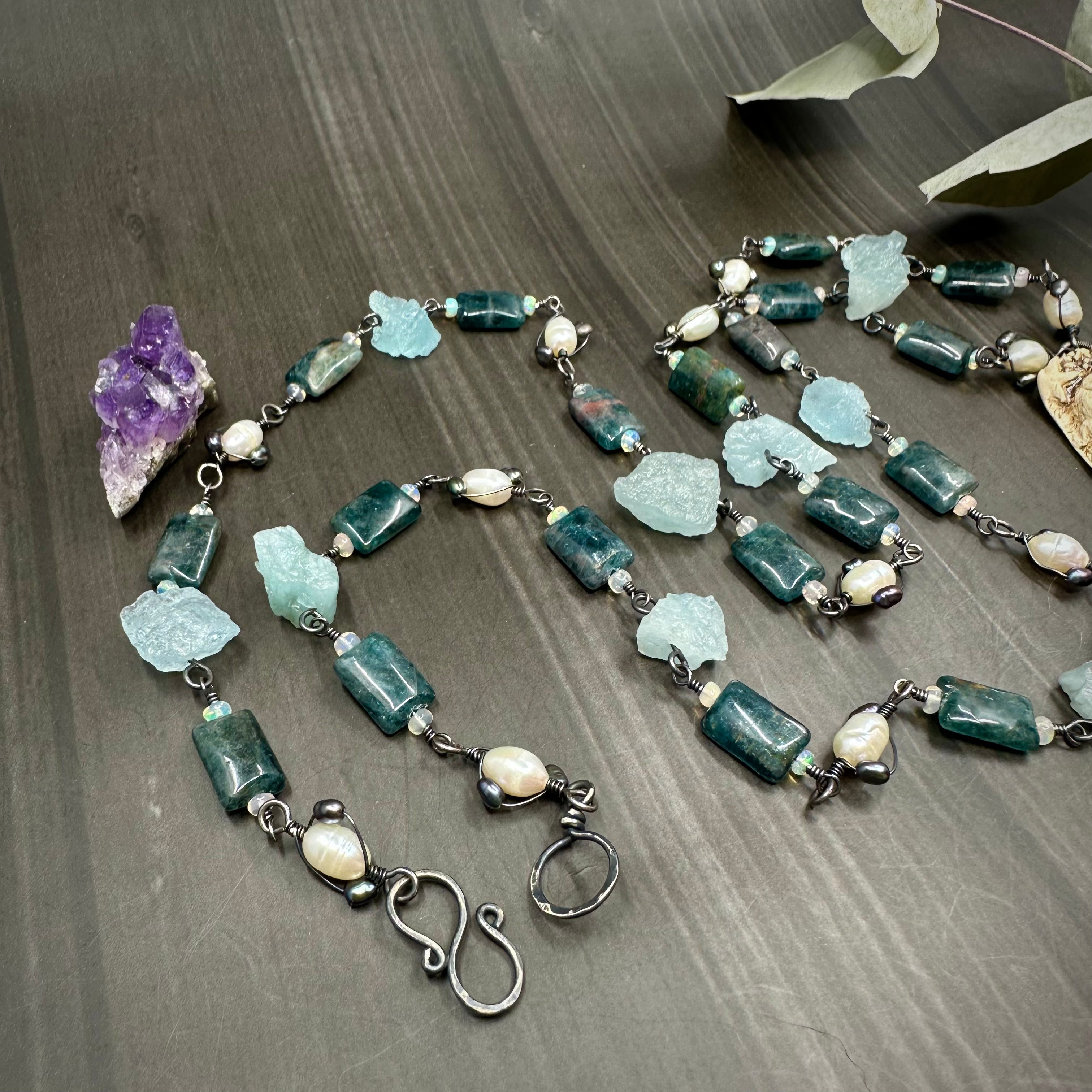 Apatite, Opal, Pearl, Aquamarine, and Ceramic Necklace