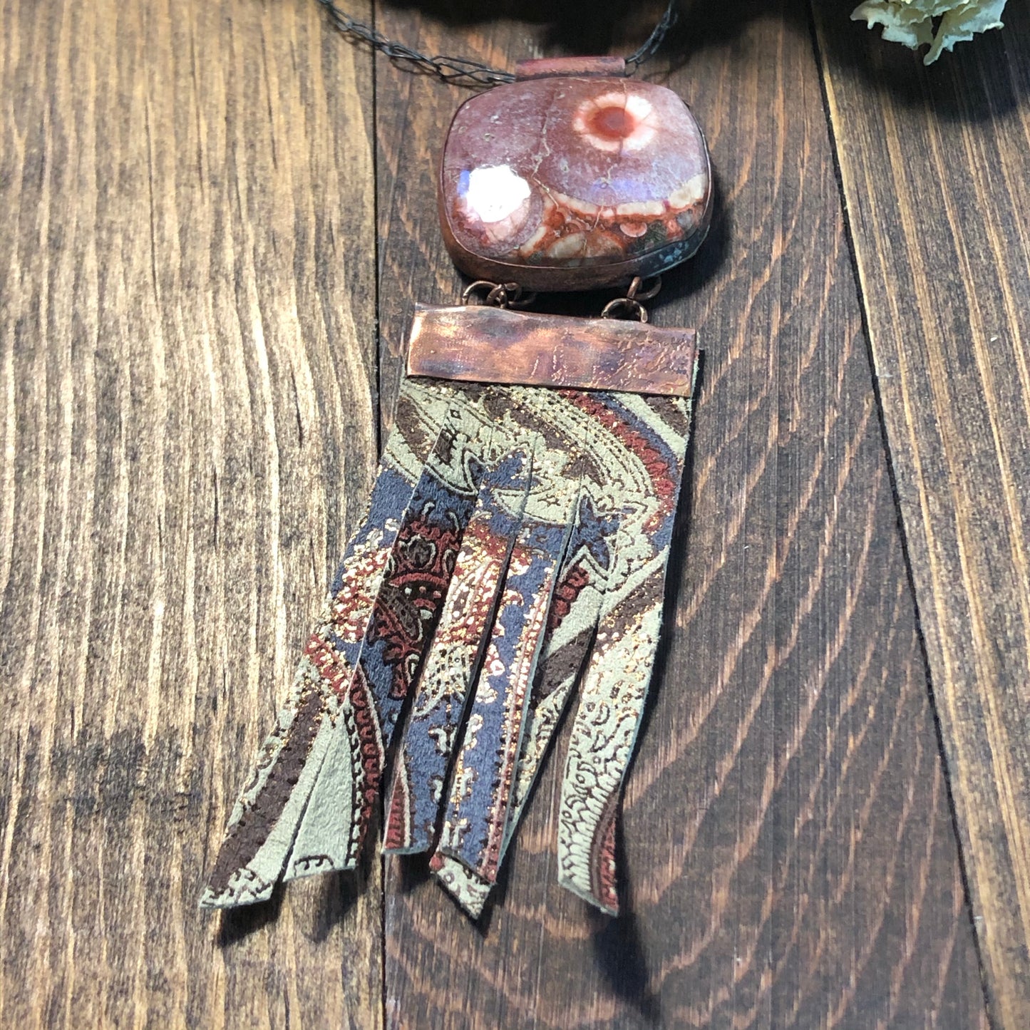 Copper, Birdseye rhyolite, and embossed leather necklace