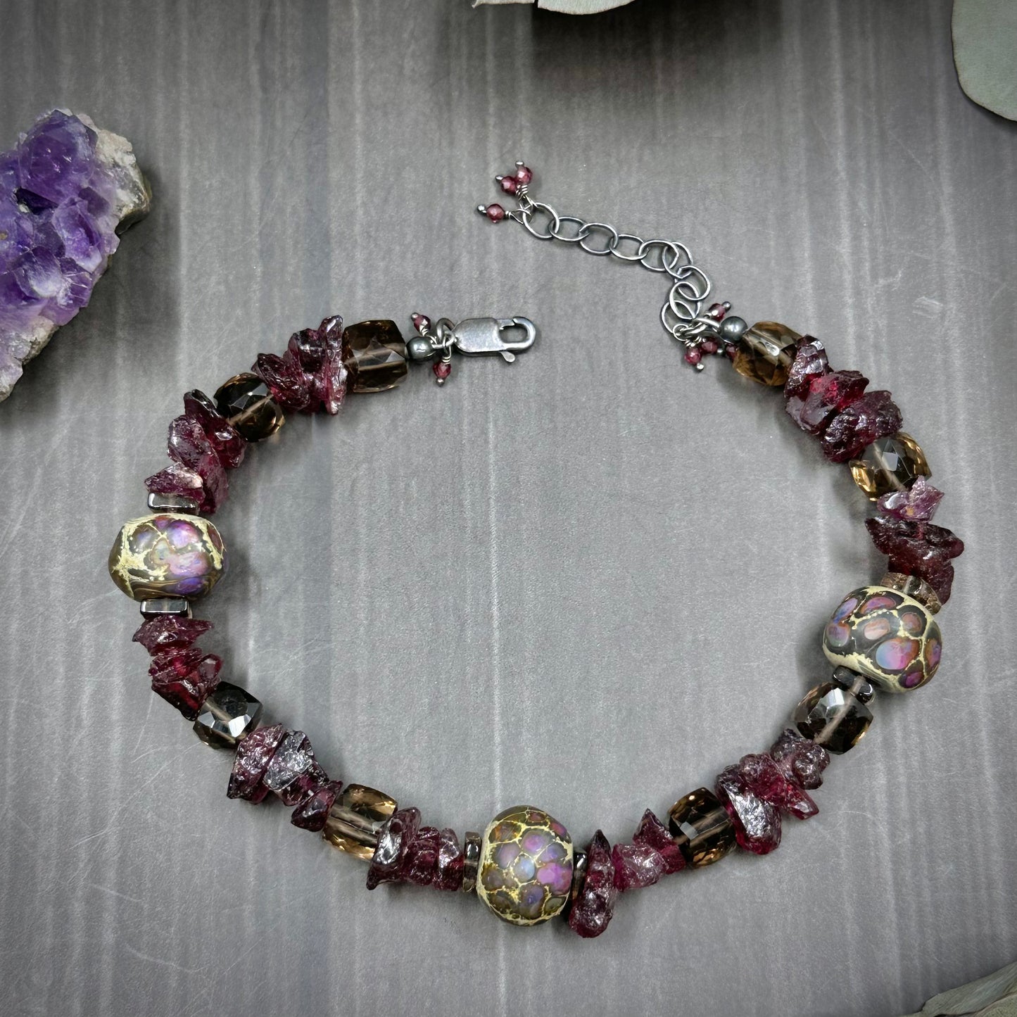 Garnet, Artisan Glass, and Smokey Quartz Bracelet