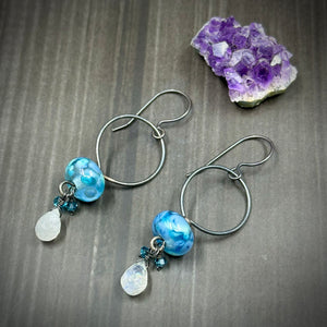 Lampwork, Moonstone, and Crystal Earrings