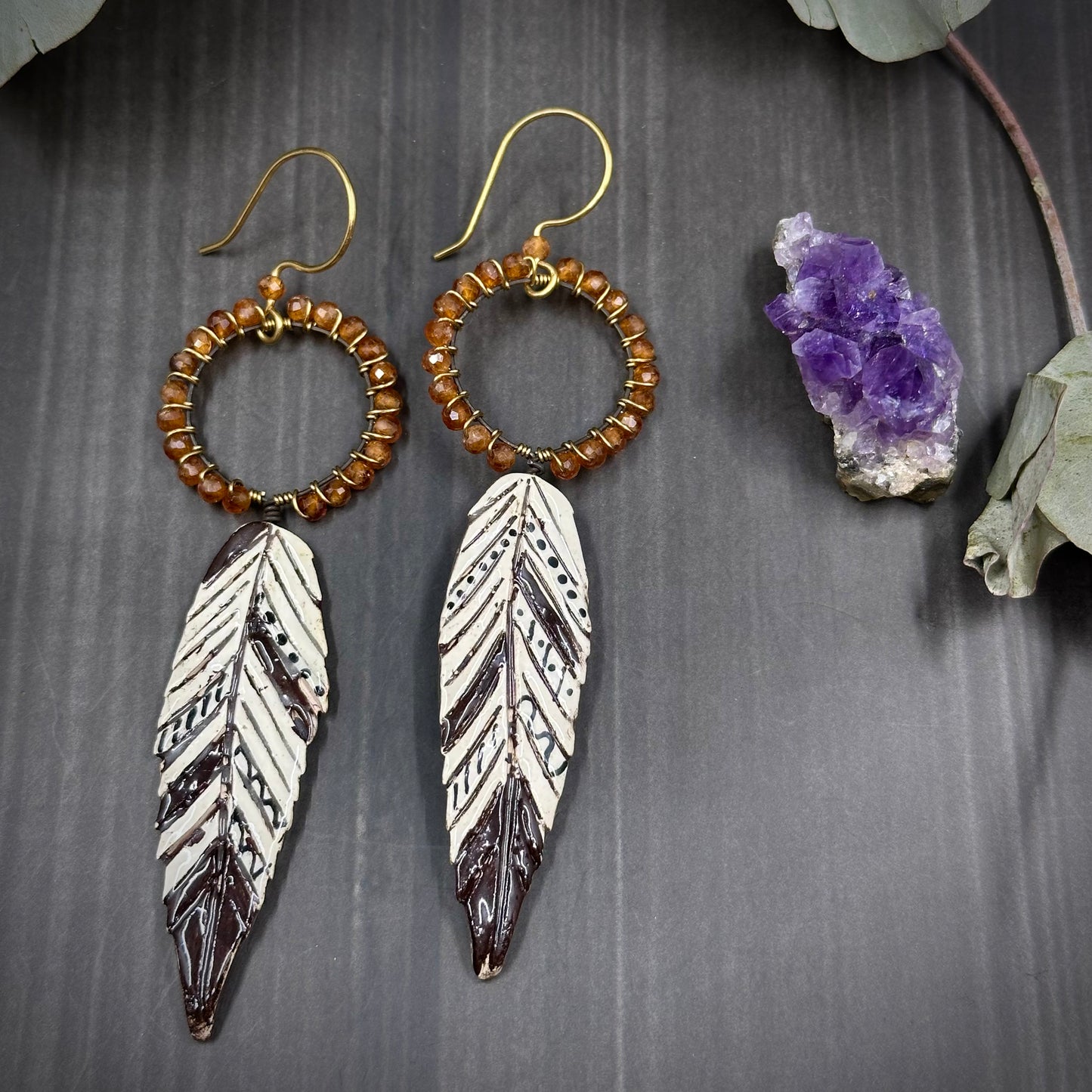 Hessonite Garnet and Ceramic Feather Earrings