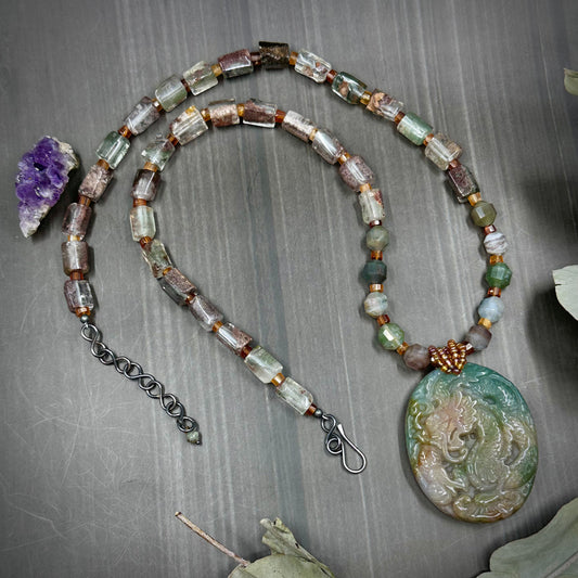 Indian Agate, Lodalite, and Garnet Dragon Statement Necklace