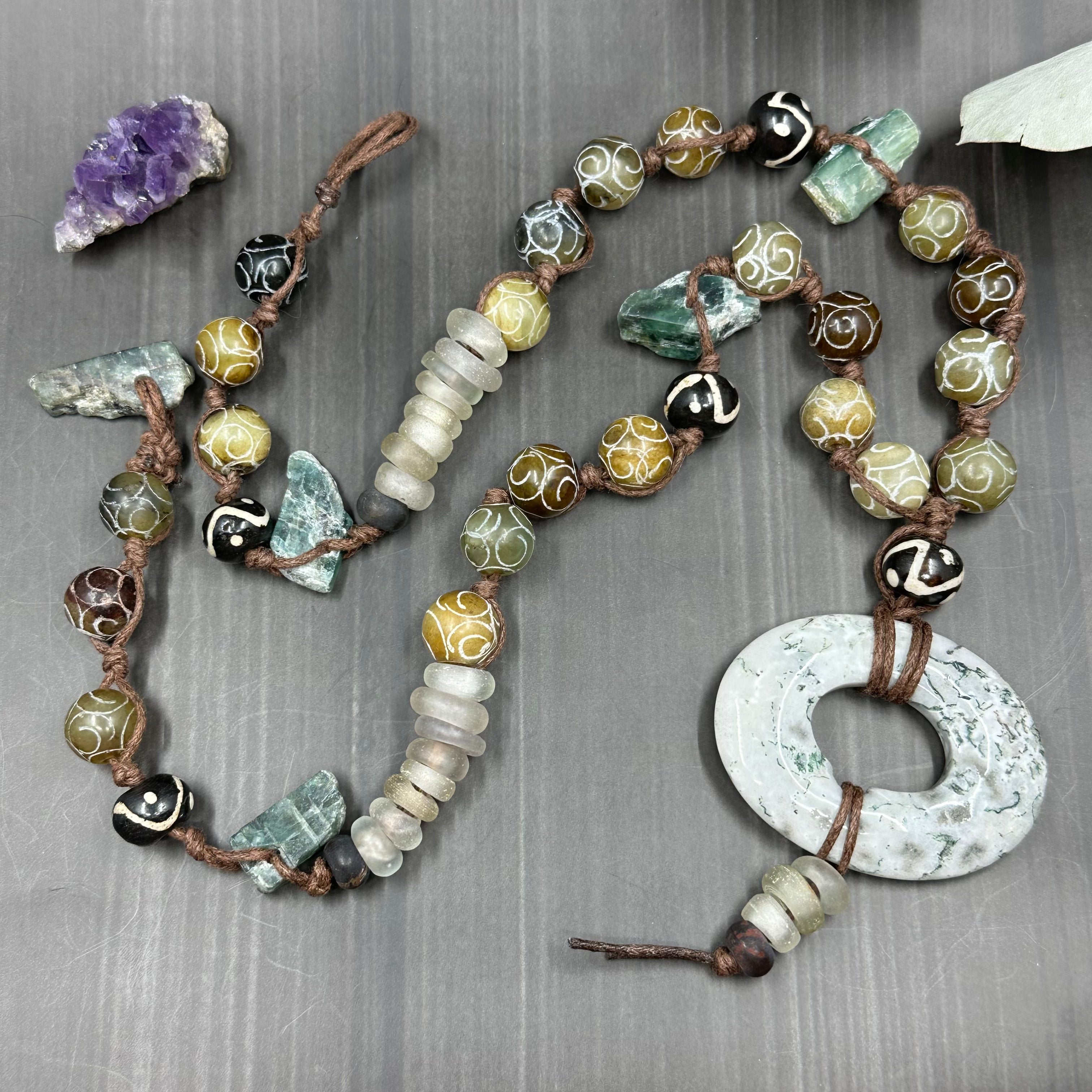 Carved Jade, Kyanite, Trade bead, and moss agate statement necklace