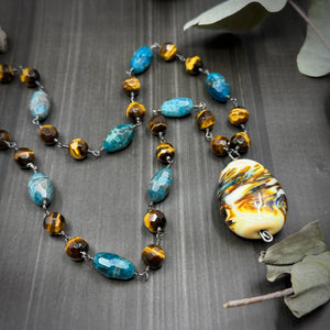 Tiger Eye, Apatite, Artisan Glass, and Sterling Silver Necklace