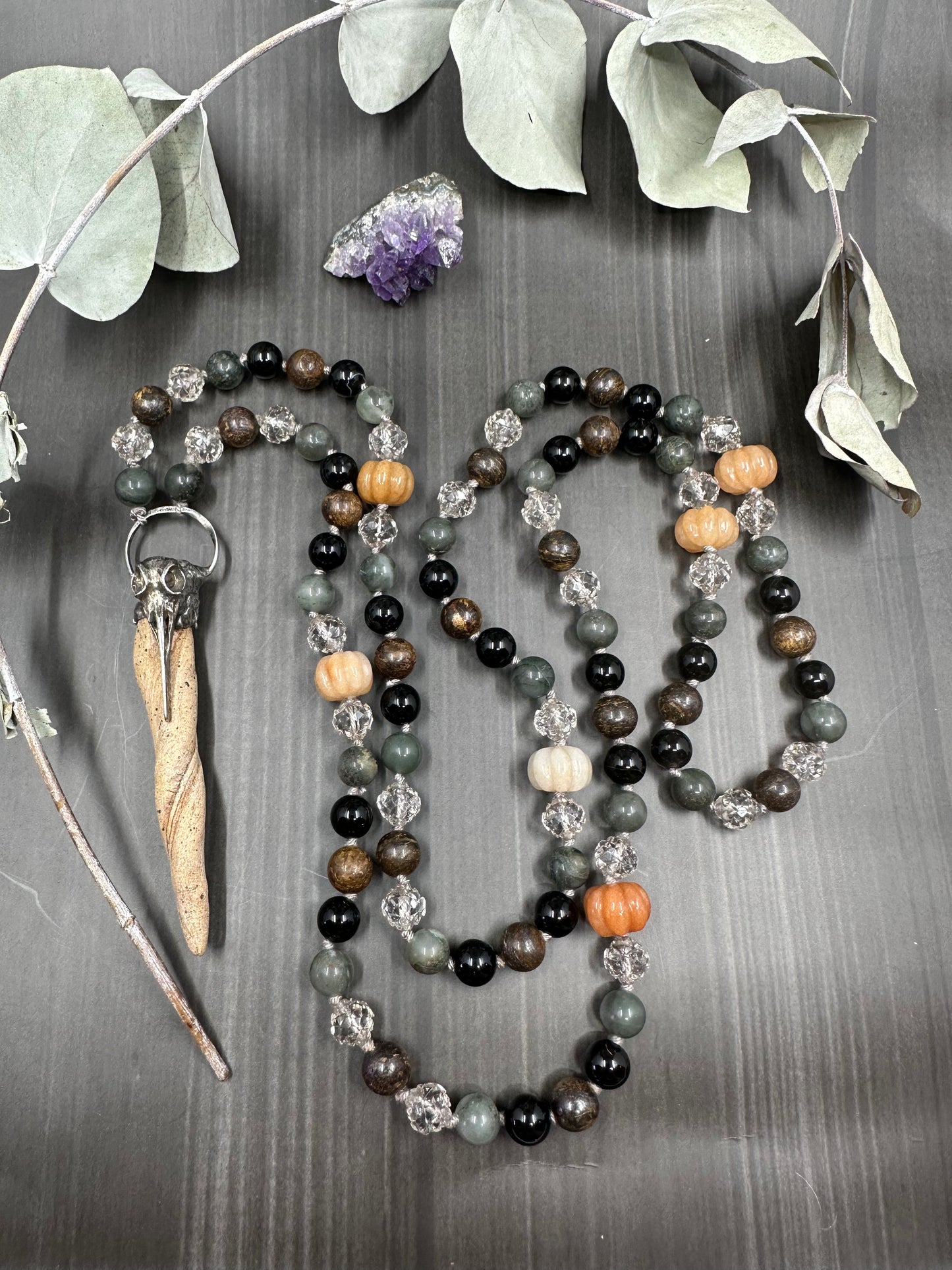 Long Knotted Faux Antler Necklace with Bronzite, Onyx, Glass, and Jade