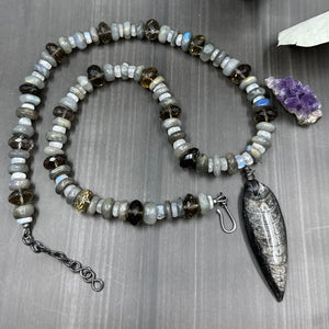 Fossil, Labradorite, Rainbow Moonstone, and Smoky Quartz Necklace