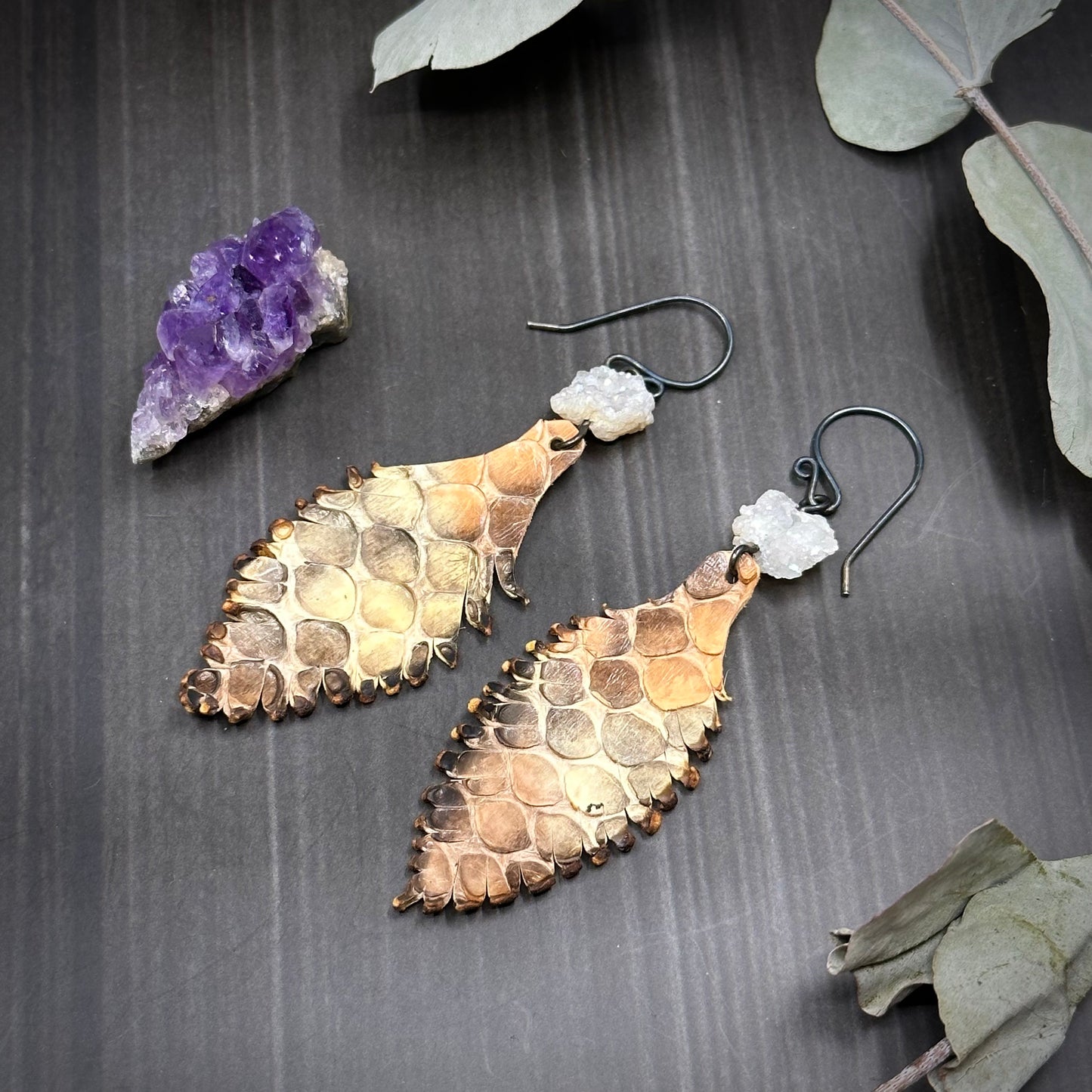 Leather Feather and Drusy Quartz Earrings