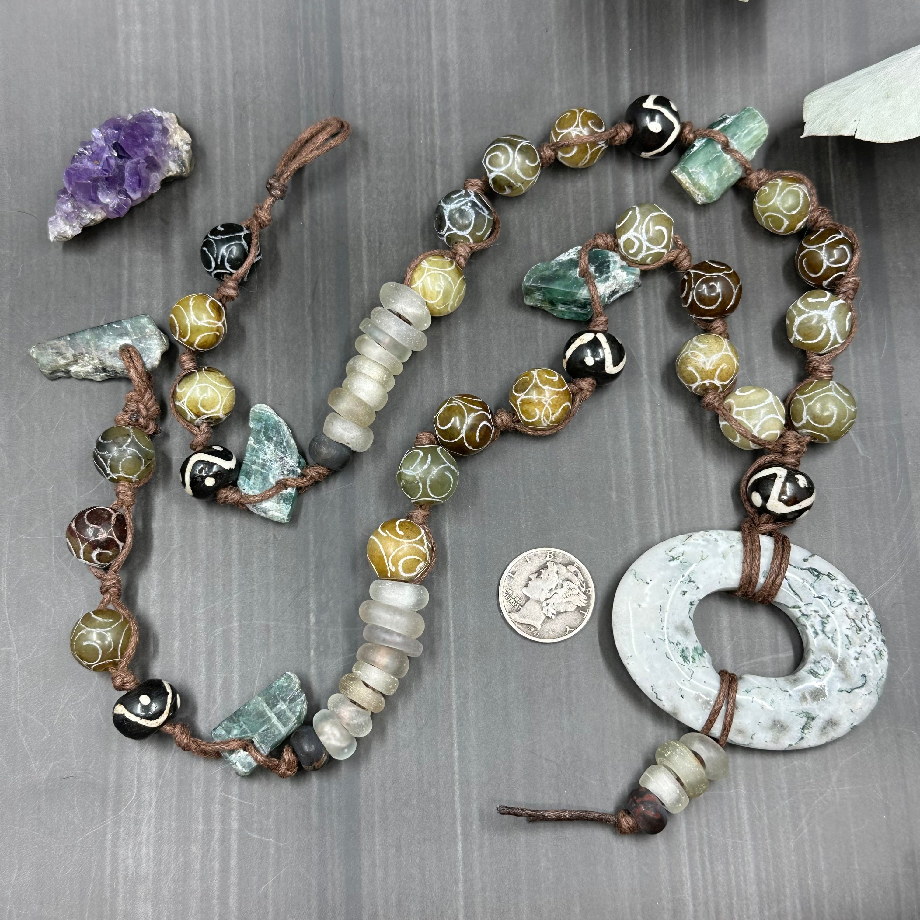 Carved Jade, Kyanite, Trade bead, and moss agate statement necklace