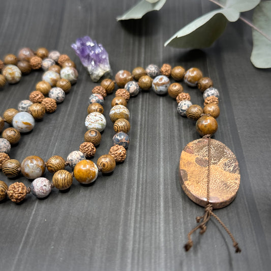 Long Knotted Silk, Wood, and Stone Necklace