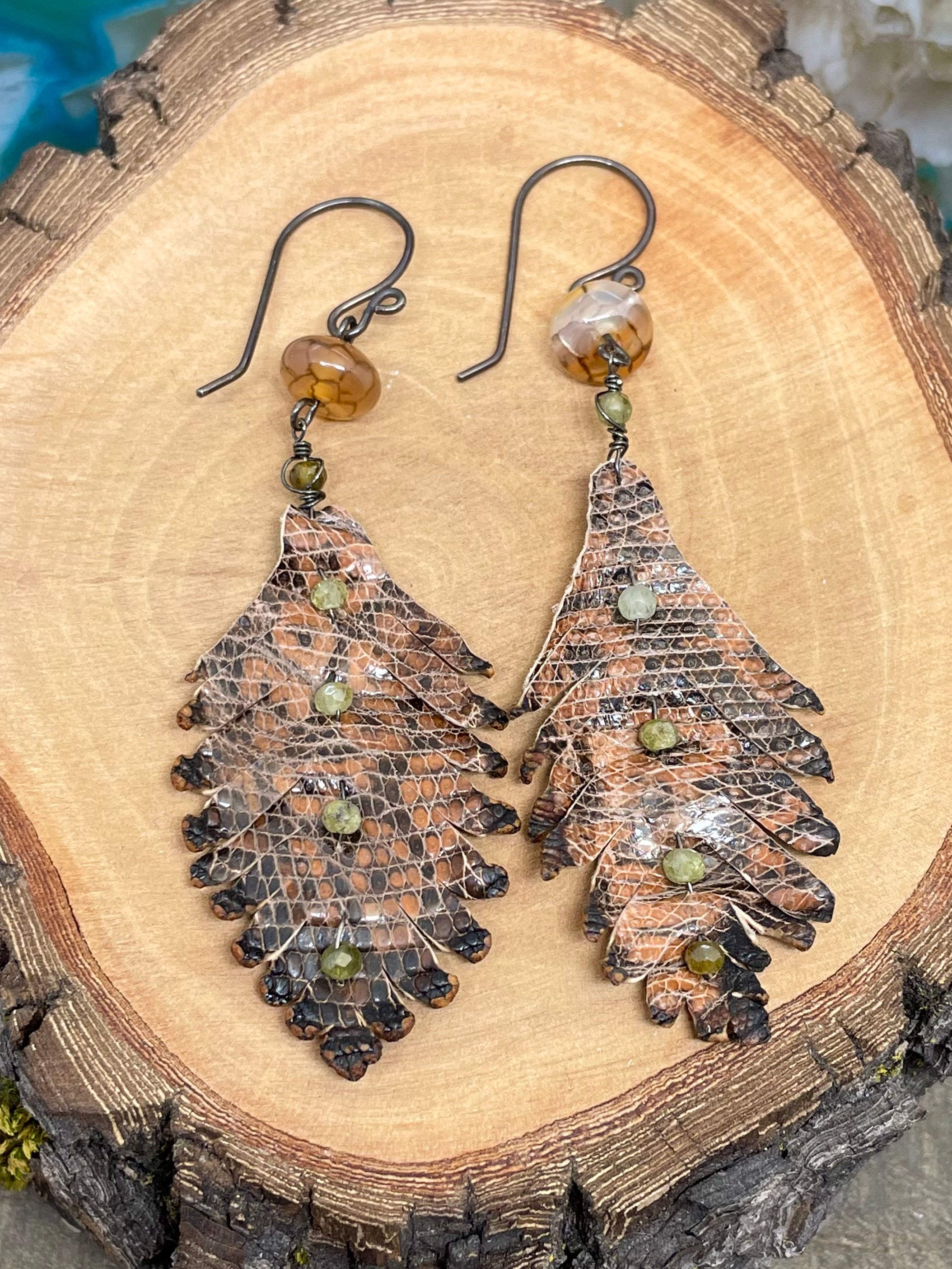 Agate and Green Garnet Leather Feather Earrings