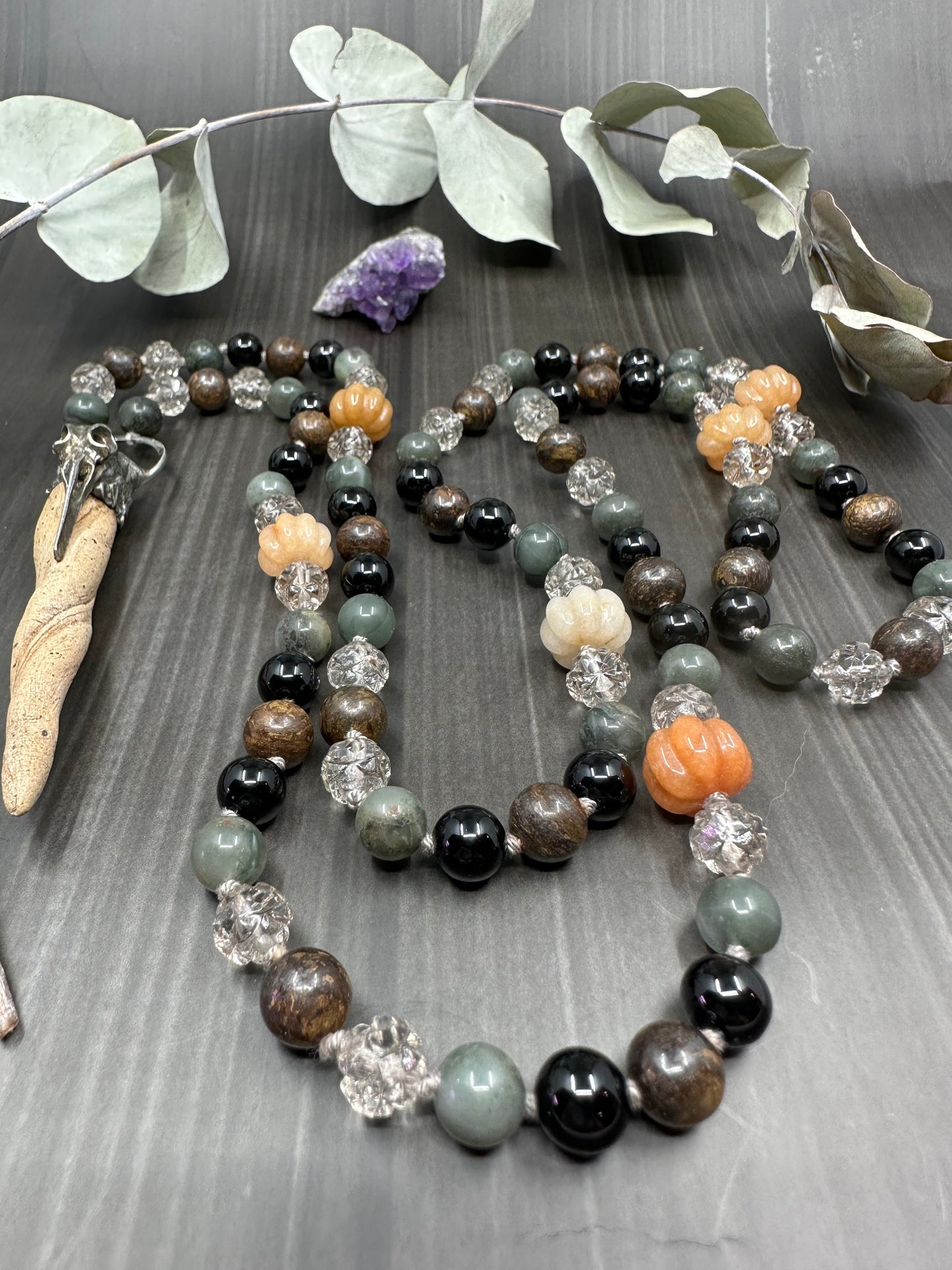 Long Knotted Faux Antler Necklace with Bronzite, Onyx, Glass, and Jade