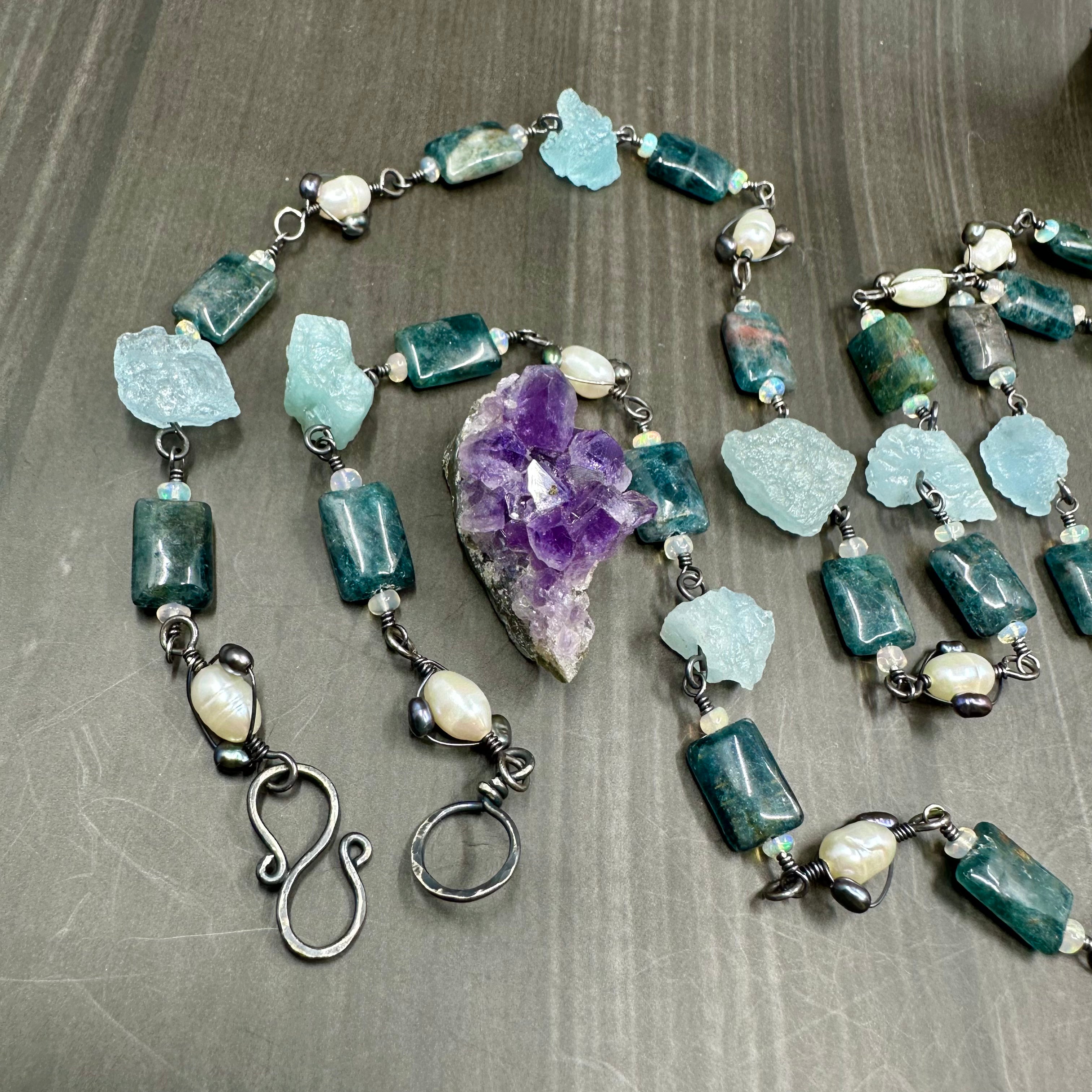 Apatite, Opal, Pearl, Aquamarine, and Ceramic Necklace